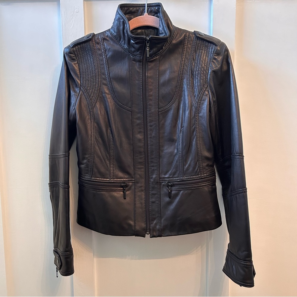 Y2K Vintage Kenneth Cole Reaction genuine leather short black moto jacket